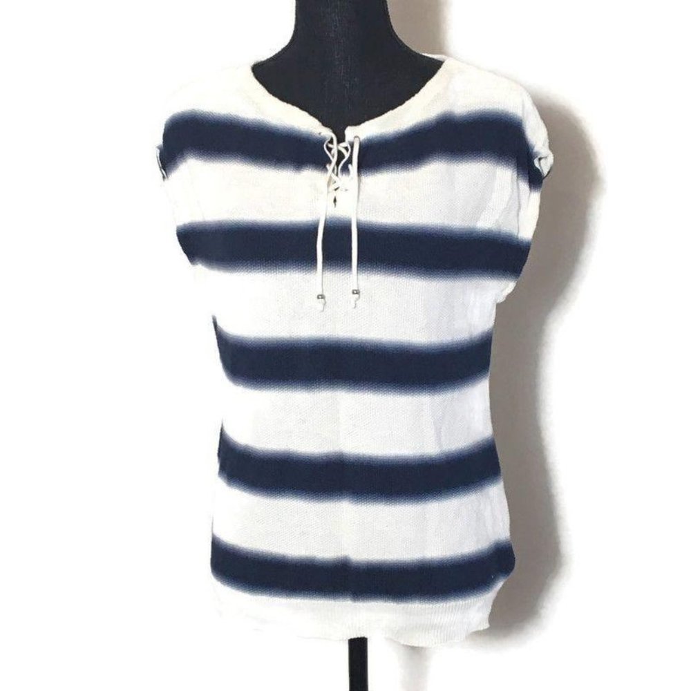 Chaps Cream Blue Sleeveless Sweater Tie M Linen Co